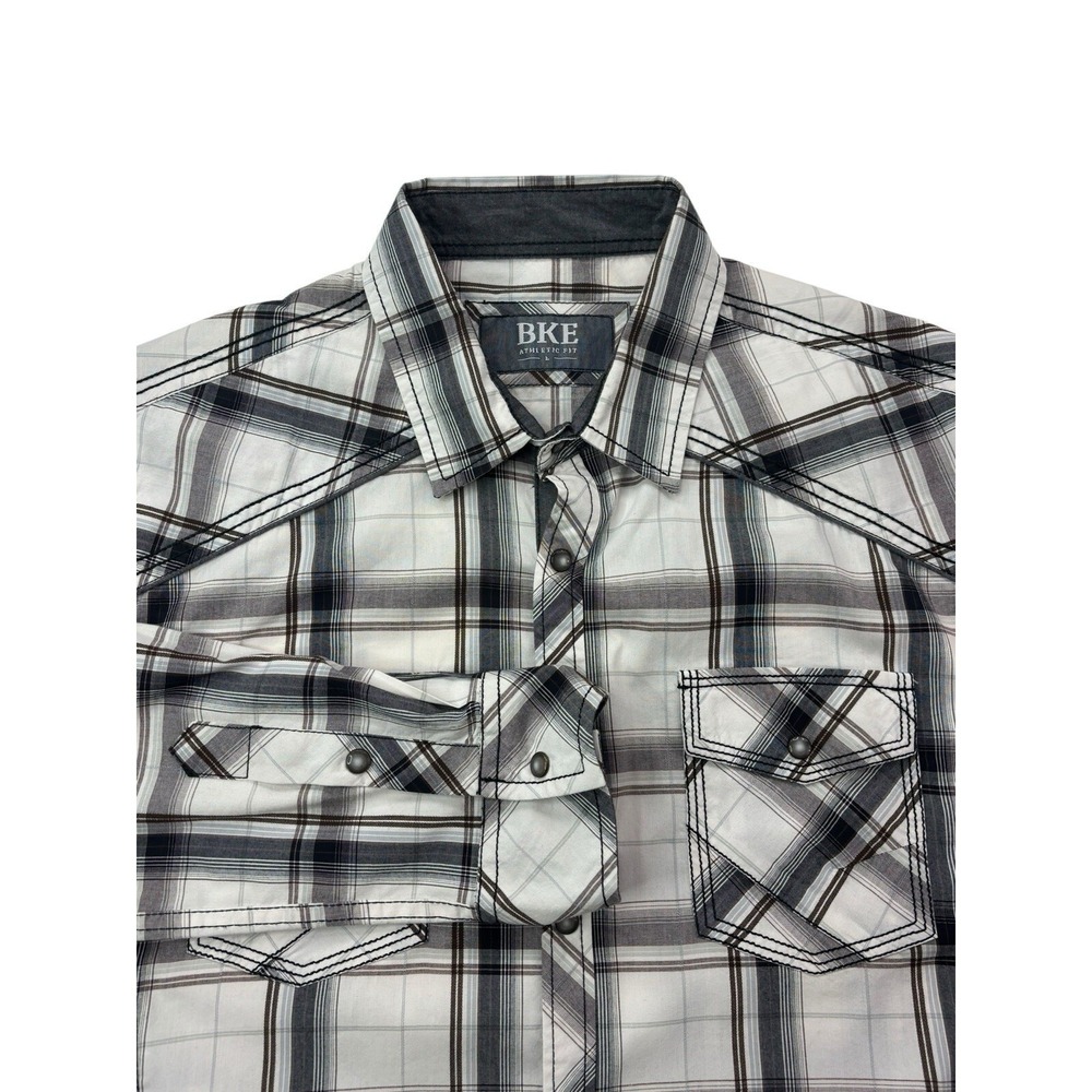 BKE Mens Athletic Fit Western Plaid Pearl Snap Shirt White Black Grey‎ Large - Picture 5 of 16